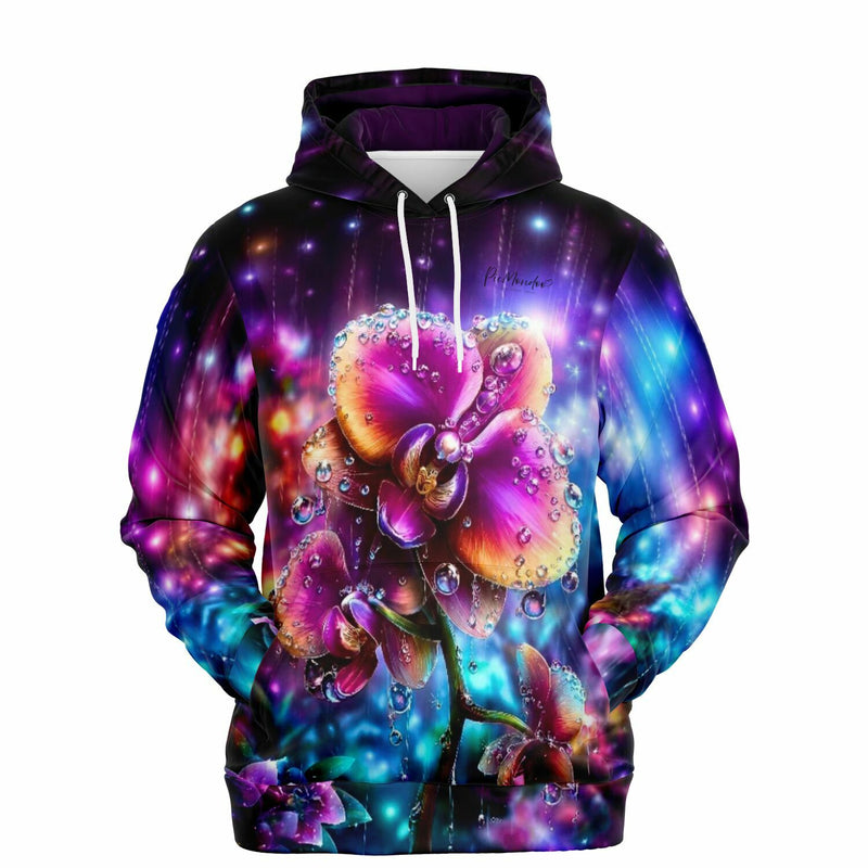 Dreamer Hoodie mit Regenkuss Orchideen Motiv, farbenfroher All-Over-Print mit Wassertropfen und leuchtenden Lichteffekten.