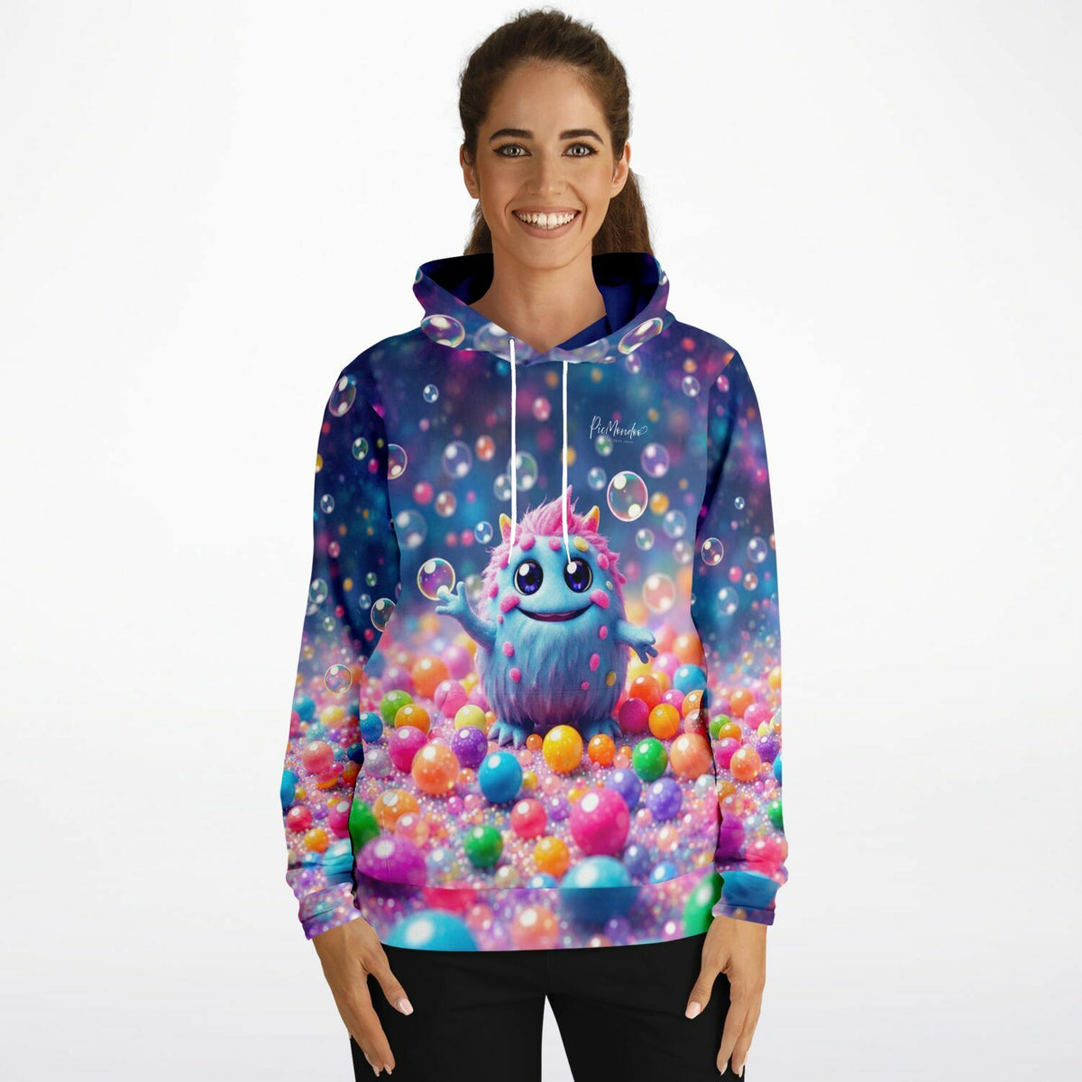 Dreamer Hoodie mit süßem Muffti-Motiv, bunten Kugeln und Seifenblasen im hochwertigen All-Over-Print Design