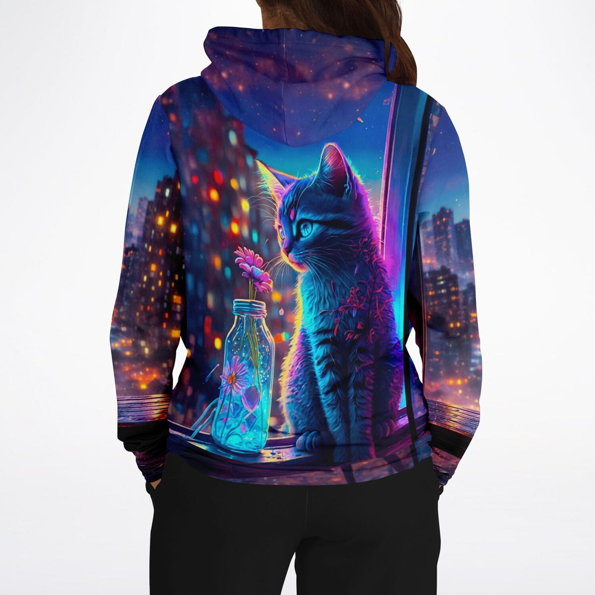 Hoodie mit neonfarbenem Little Cat of Flowers Motiv, inspiriert von Diamond Painting Ästhetik vor nächtlicher Stadtkulisse