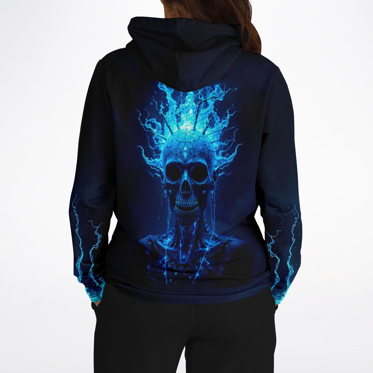 Schwarzer Hoodie mit leuchtend blauem Totenkopf-Motiv und Energie-Effekten im All-Over-Print Design für Damen und Herren