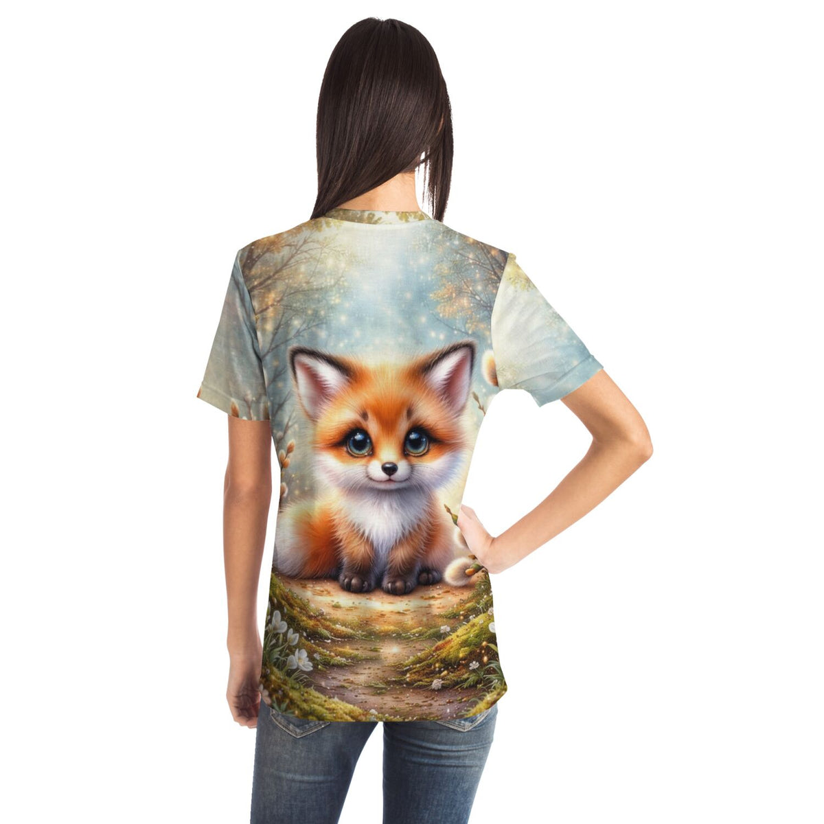 Frau trägt ein T-Shirt mit süßem Fuchs-Motiv, das im Stil von Diamond Painting und Malen nach Zahlen gestaltet ist.