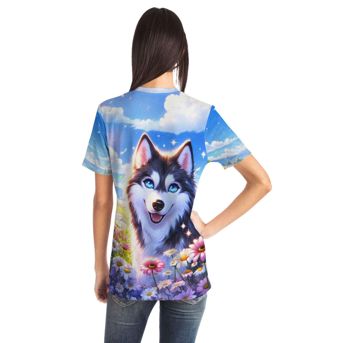 T-Shirt mit Hundemotiv im Stil von Diamond Painting und Malen nach Zahlen Designs mit Blumenwiese und blauem Himmel
