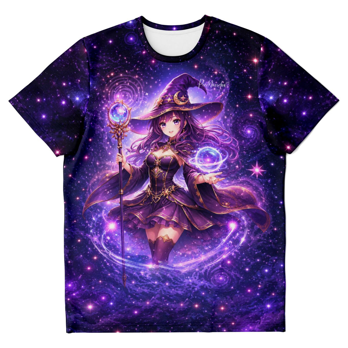 Lila Celestara Anime-Hexe T-Shirt im Galaxie-Design mit Zauberstab und leuchtenden Sternen für Fantasy-Fans