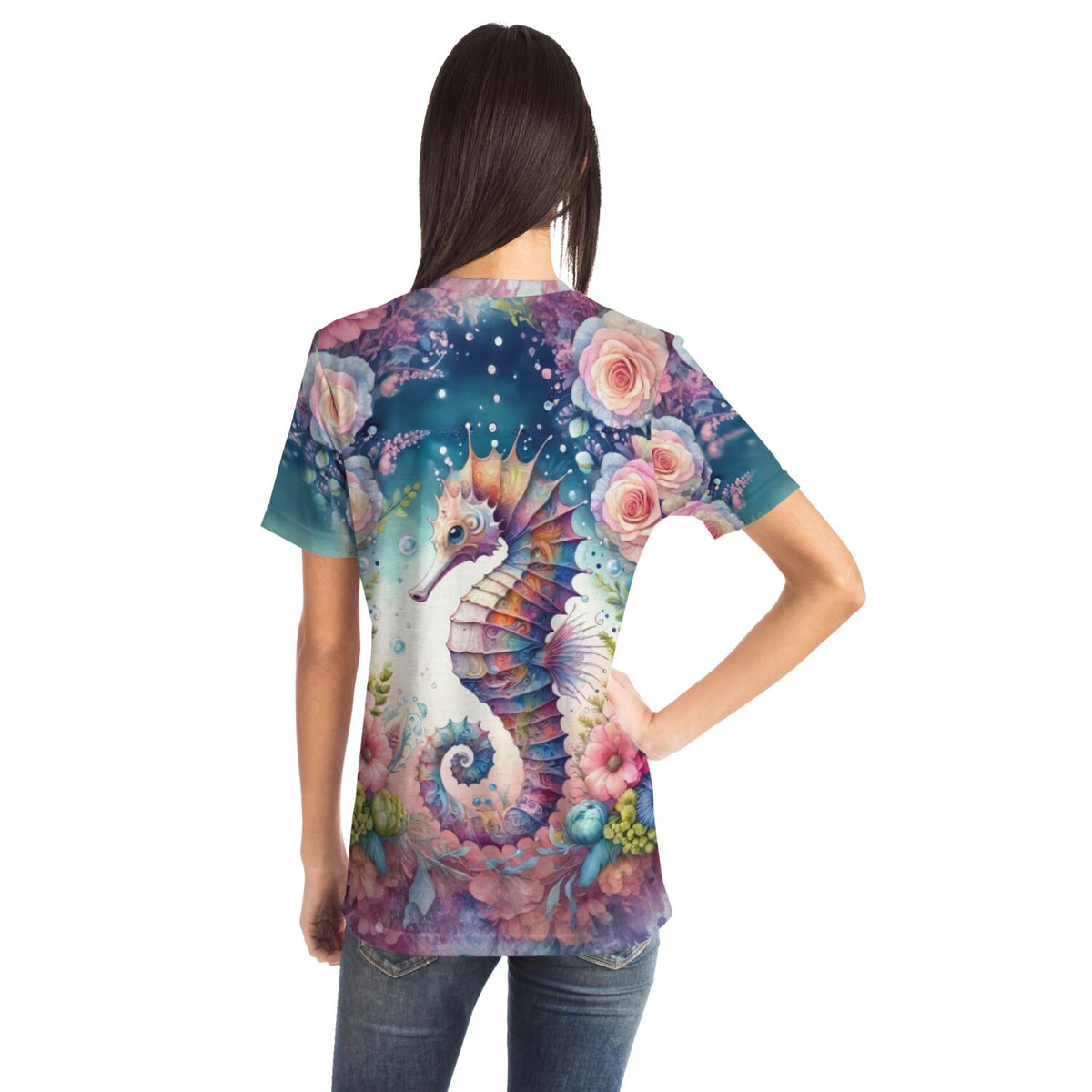 Dreamer T-Shirt mit buntem Seepferdchen und floralem Blütentraum-Design im Stil von Diamond Painting Motiven
