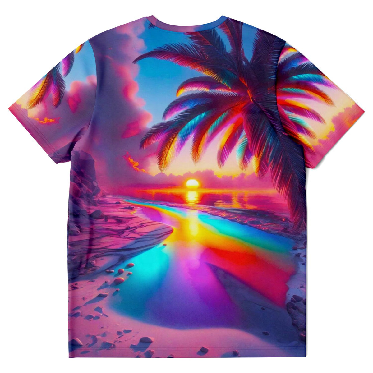 T-Shirt mit buntem Zauberstrand-Motiv, Palmen und Sonnenuntergang im Design, passend zu Diamond Painting und Malen nach Zahlen
