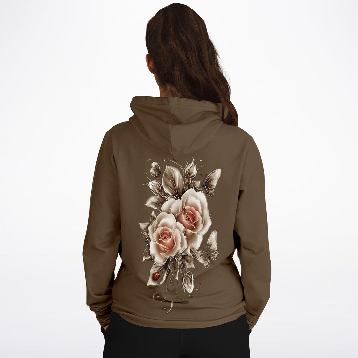 Brauner Hoodie mit Print von goldenen Rosen und Schmetterlingen, ideal für Fans von Diamond Painting und Malen nach Zahlen