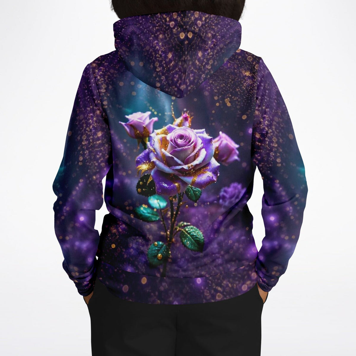 Dreamer Hoodie Amethystrose mit magischem Rosen-Motiv in Violett und Gold, passend zum Diamond Painting Stil