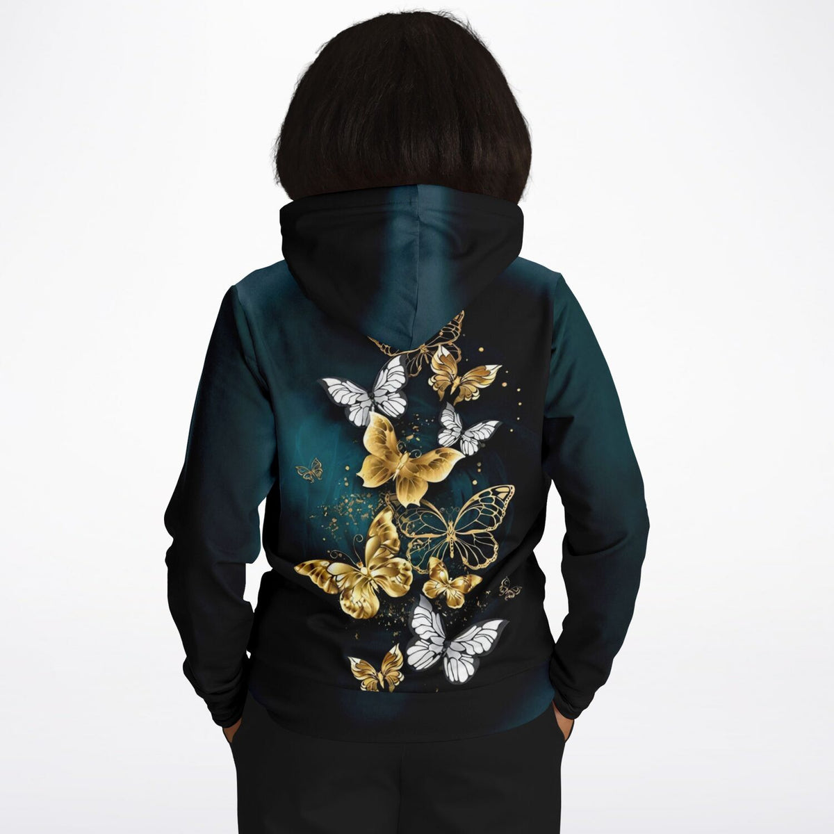 Schwarzer Dreamer Hoodie mit edlem Aufdruck goldener Schmetterlinge auf dunklem Hintergrund