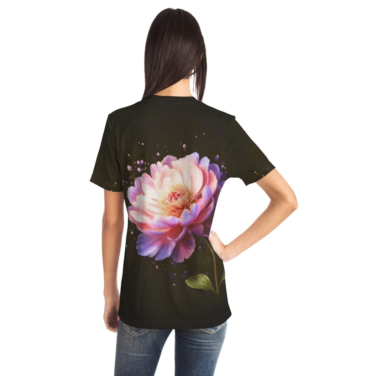 Schwarzes T-Shirt mit Pfingstrosen Motiv für Fans von Diamond Painting und künstlerischen DIY-Designs