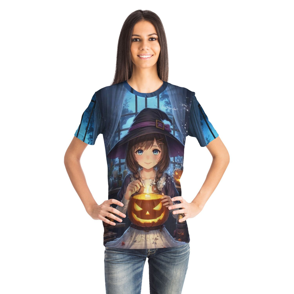Frau trägt T-Shirt mit Anime-Hexe und Kürbis-Motiv im Stil von Diamond Painting und Malen nach Zahlen Designs
