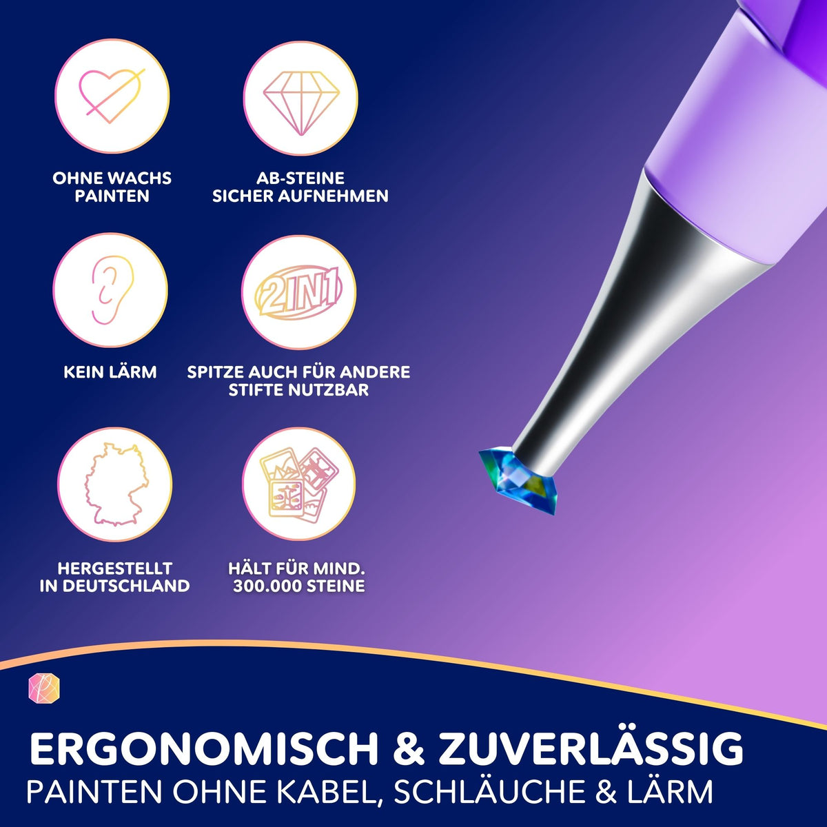 Flow-Pen Mini Diamond Painting Stift: Ergonomisches Zubehör für Diamanten Painting ohne Wachs, 2in1 Spitze, lautlos.