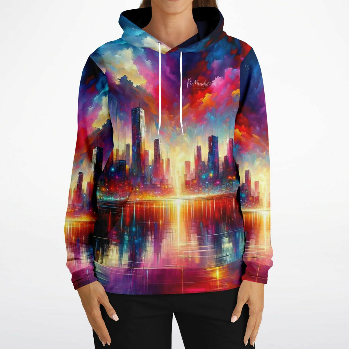 Picmondoo Dreamer Hoodie mit abstraktem Skyline Design in bunten Farben, inspiriert von Diamond Painting Kunstwerken.