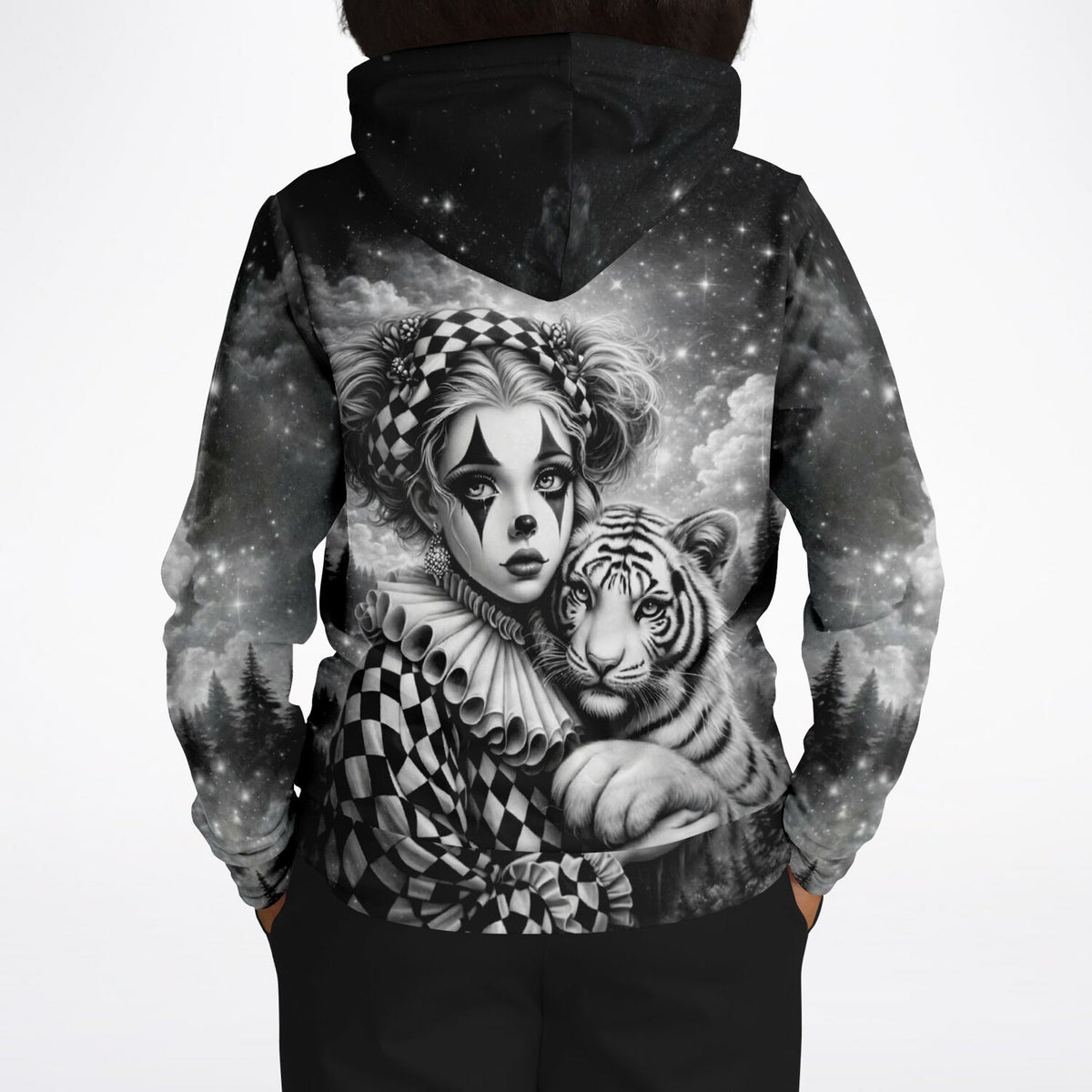 Schwarzer Hoodie mit Maskerade-Print: Clown-Mädchen und Tiger im Kunst-Design für Fans von Diamond Painting Motiven