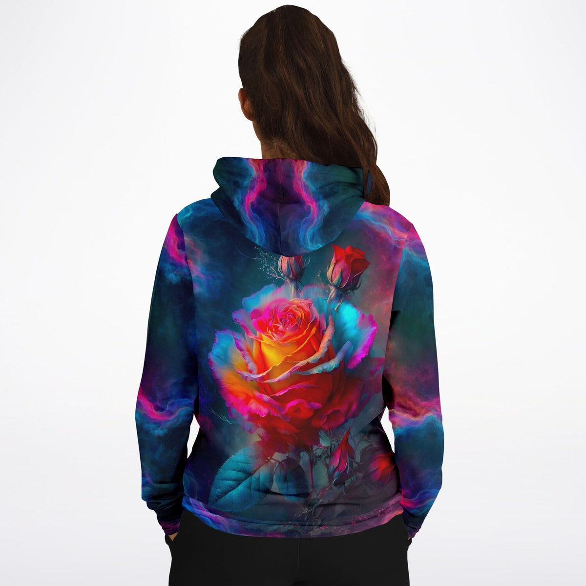 Dreamer Hoodie mit farbenprächtigem Rosenblüten-Motiv im galaktischen Design und leuchtenden Farbakzenten