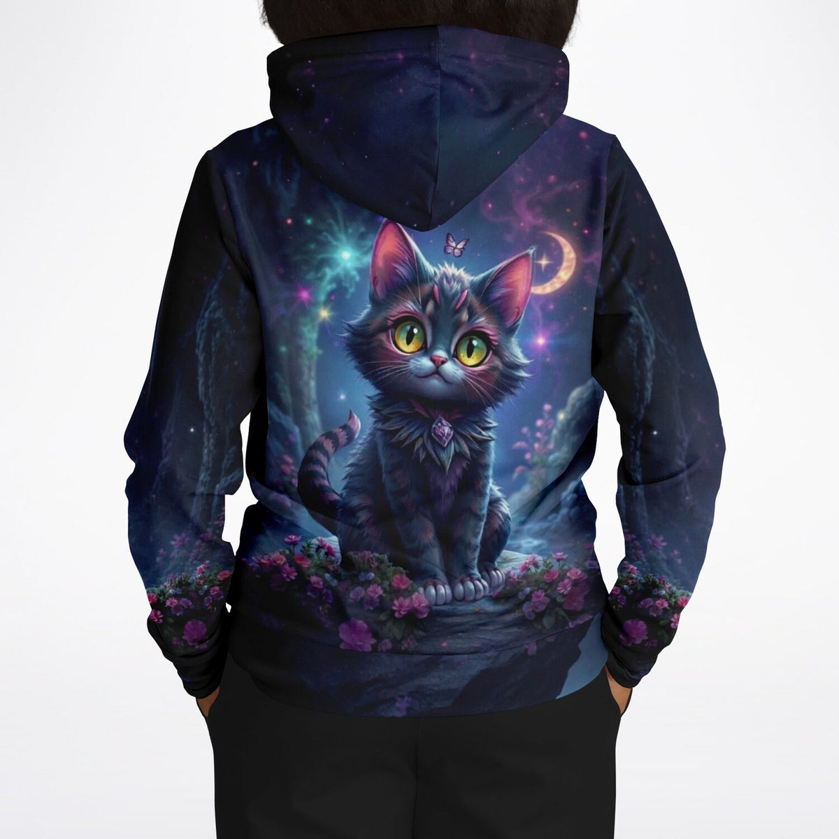 Hoodie mit magischem Katzen-Motiv in nächtlicher Fantasie-Landschaft, im Stil bekannter Diamond Painting Designs