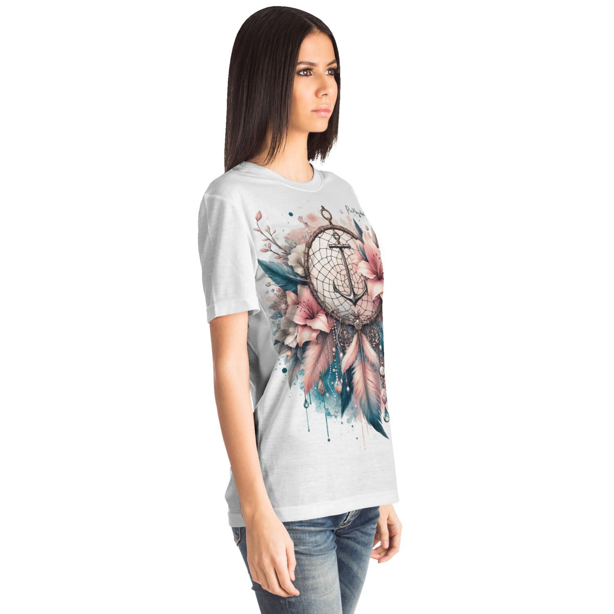 Weißes T-Shirt mit Dreamer Anker Motiv, inspiriert durch künstlerische Diamond Painting und Malen nach Zahlen Designs.