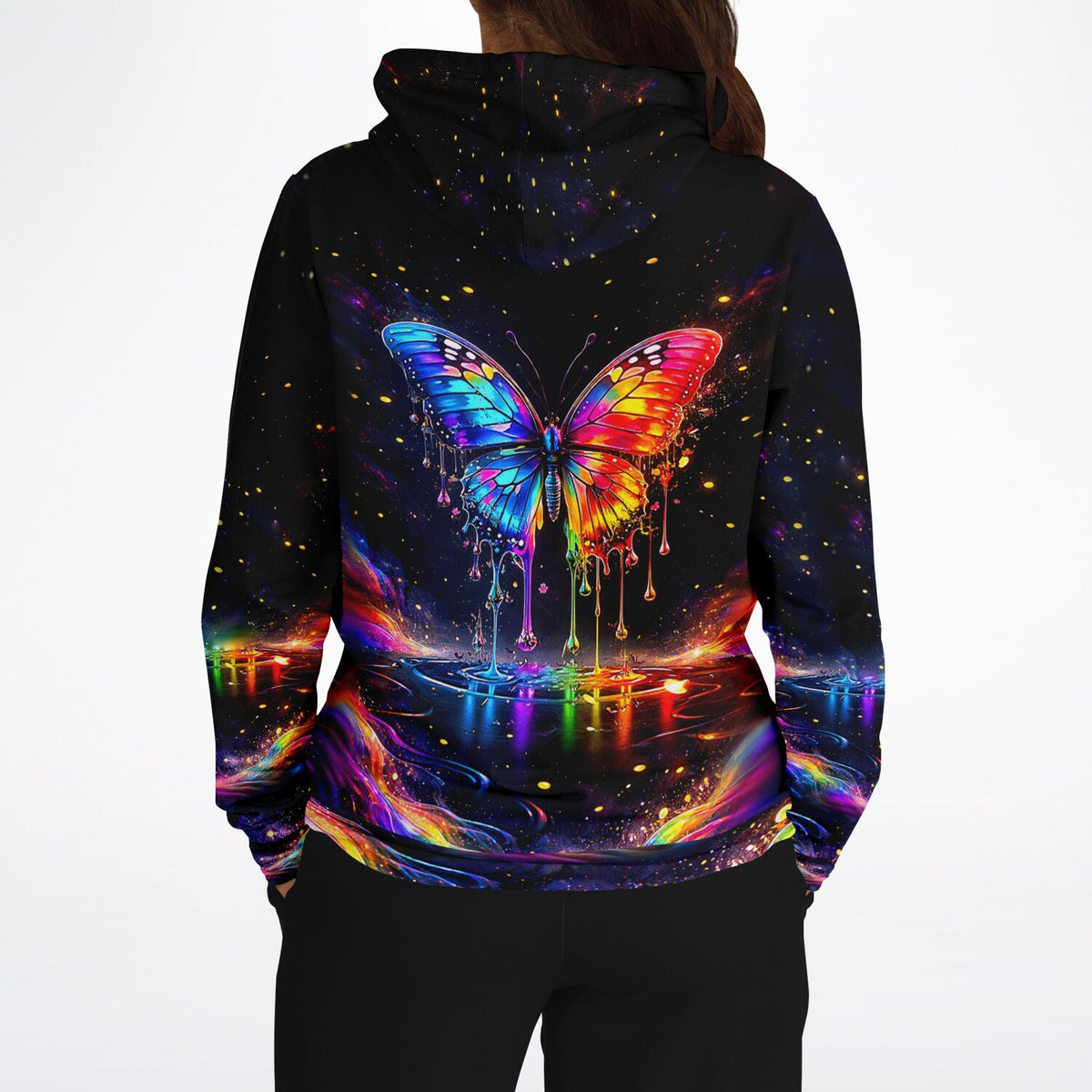 Schwarzer Hoodie mit buntem Schmetterling-Motiv im Waterdrop-Design, ideal für Fans von Malen nach Zahlen und Kunst.
