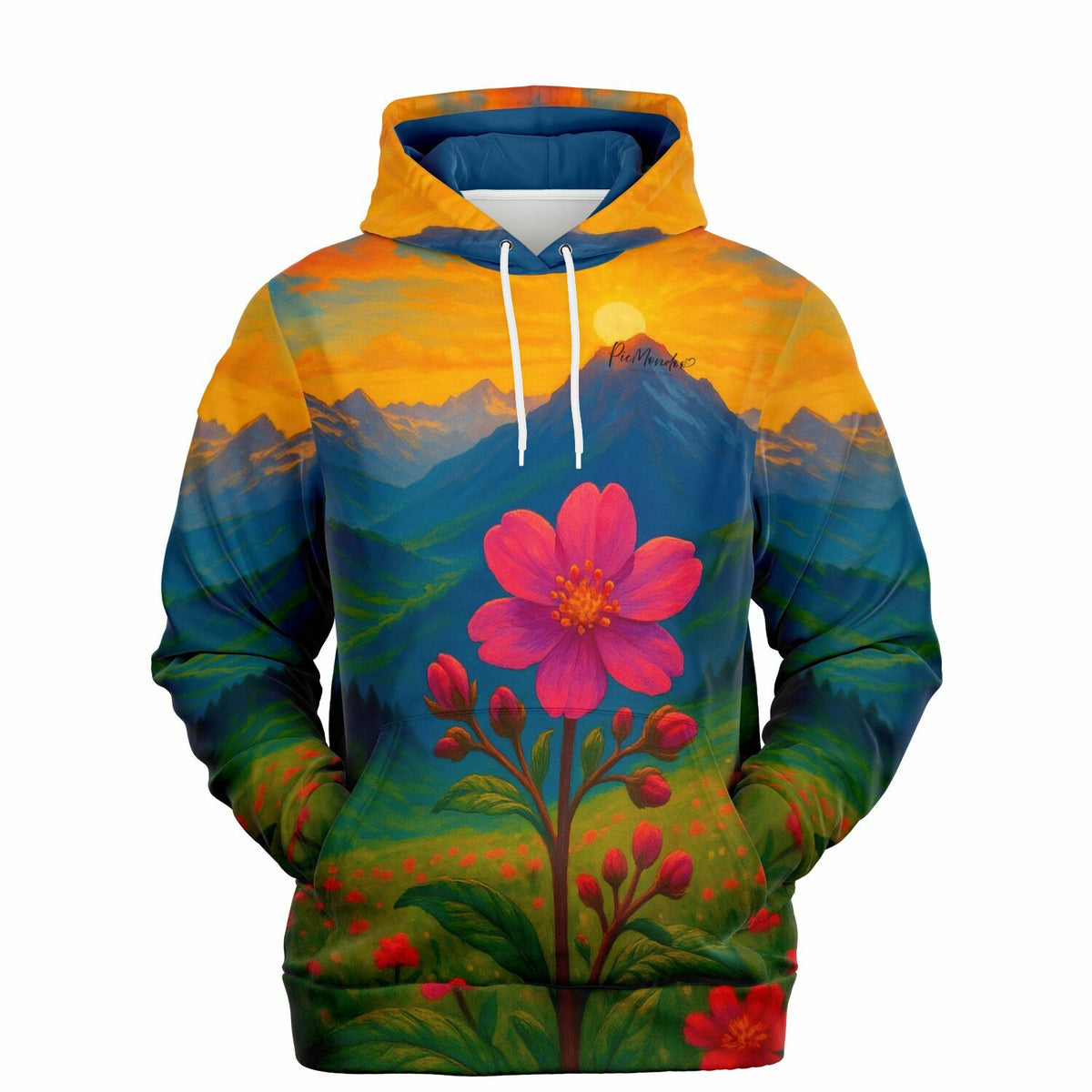 Dreamer Hoodie Gebirgsblume mit alpinem Bergpanorama, bunter Sonnenuntergang und Blumen-Print, ideal für DIY-Fans