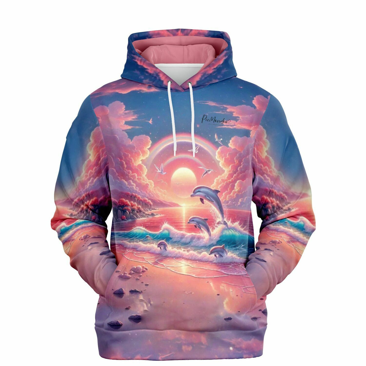 Dreamer Hoodie Pinkes Meeresrauschen mit Delphin-Motiv und Sonnenuntergang im AOP-Design