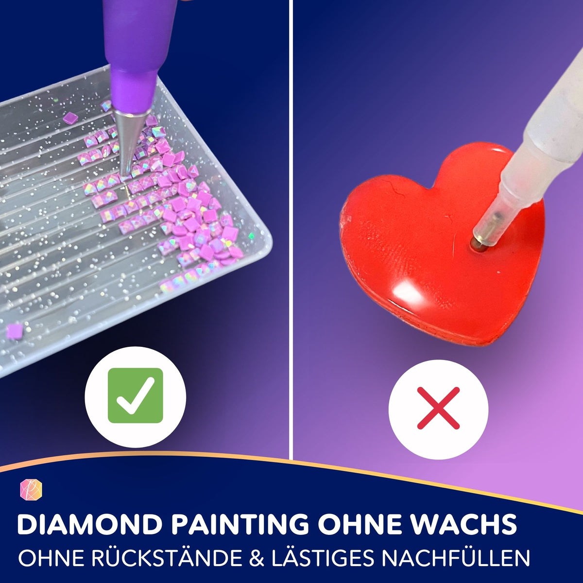 Flow-Pen Mini Diamond Painting Stift im Einsatz mit Diamanten auf dem Sortierschälchen ohne Wachsrückstände