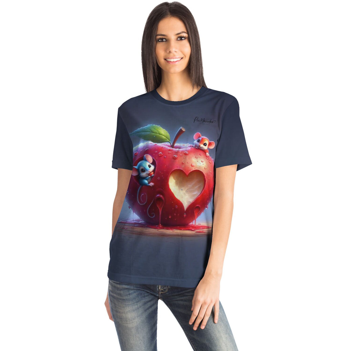 Dunkelblaues Dreamer T-Shirt mit liebevollem Mäusen und rotem Apfel Motiv für Fans von Diamond Painting und DIY-Hobbys