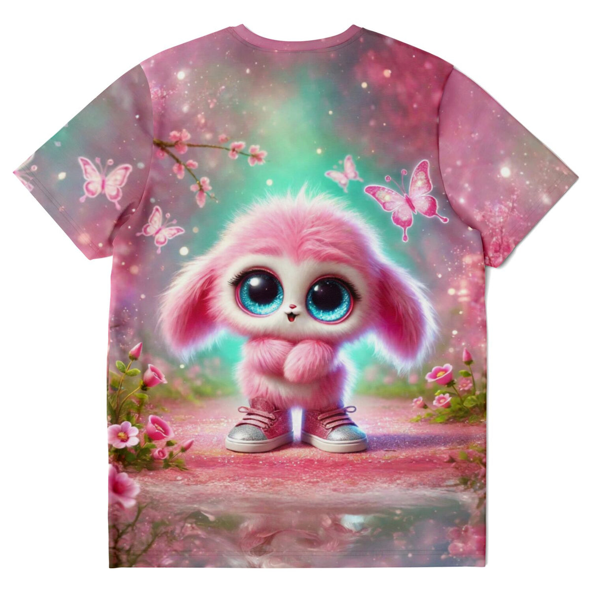 Pinkes T-Shirt mit flauschigem Wesen, inspiriert von Diamond Painting Motiven, bunten Schmetterlingen und Blumenwiese.