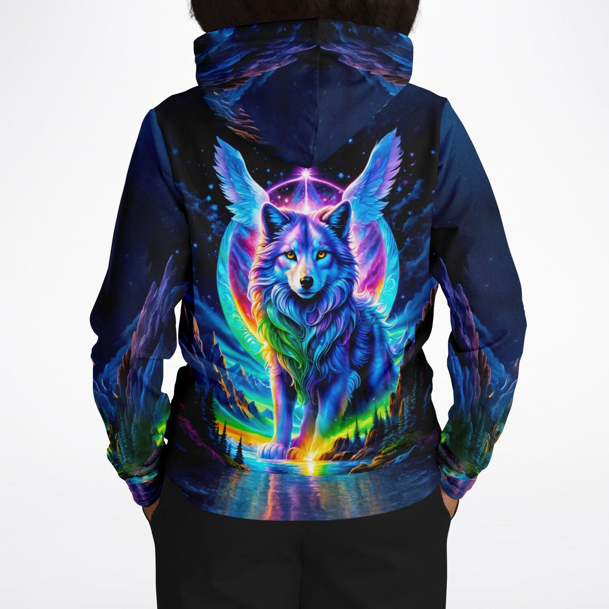 Hoodie mit Motiv geflügelter Wolf in leuchtenden Farben, ähnlich den Designs unserer Diamond Painting Sets.