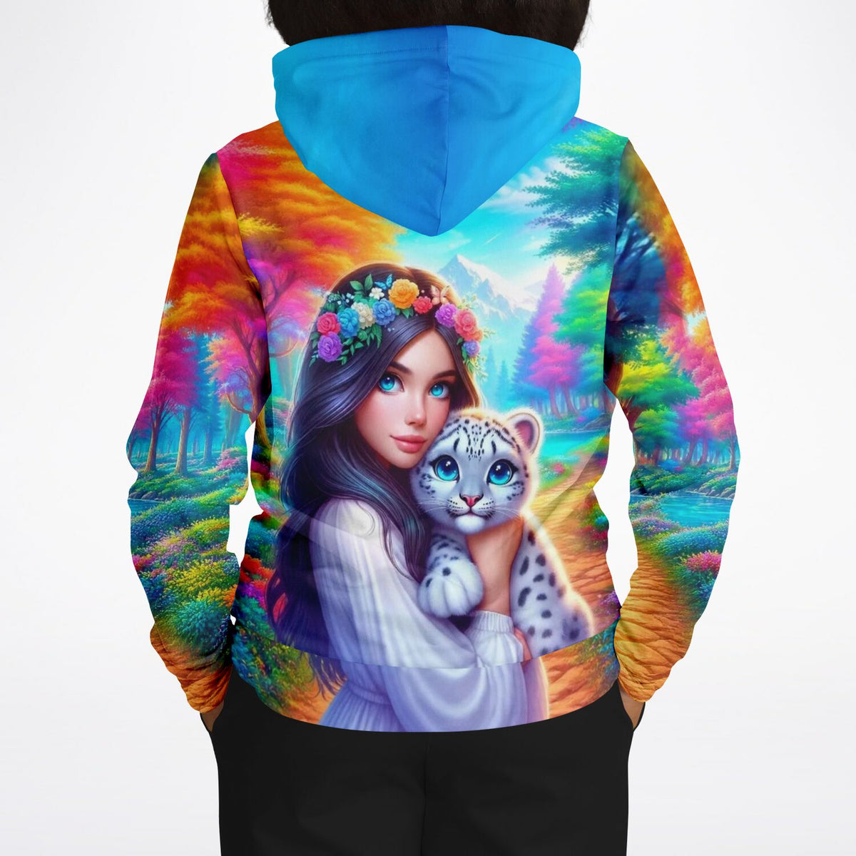 Dreamer Hoodie Amira’s Paradies mit buntem Fantasy-Motiv, Mädchen mit Schneeleopard im Stil von Malen nach Zahlen Kunst
