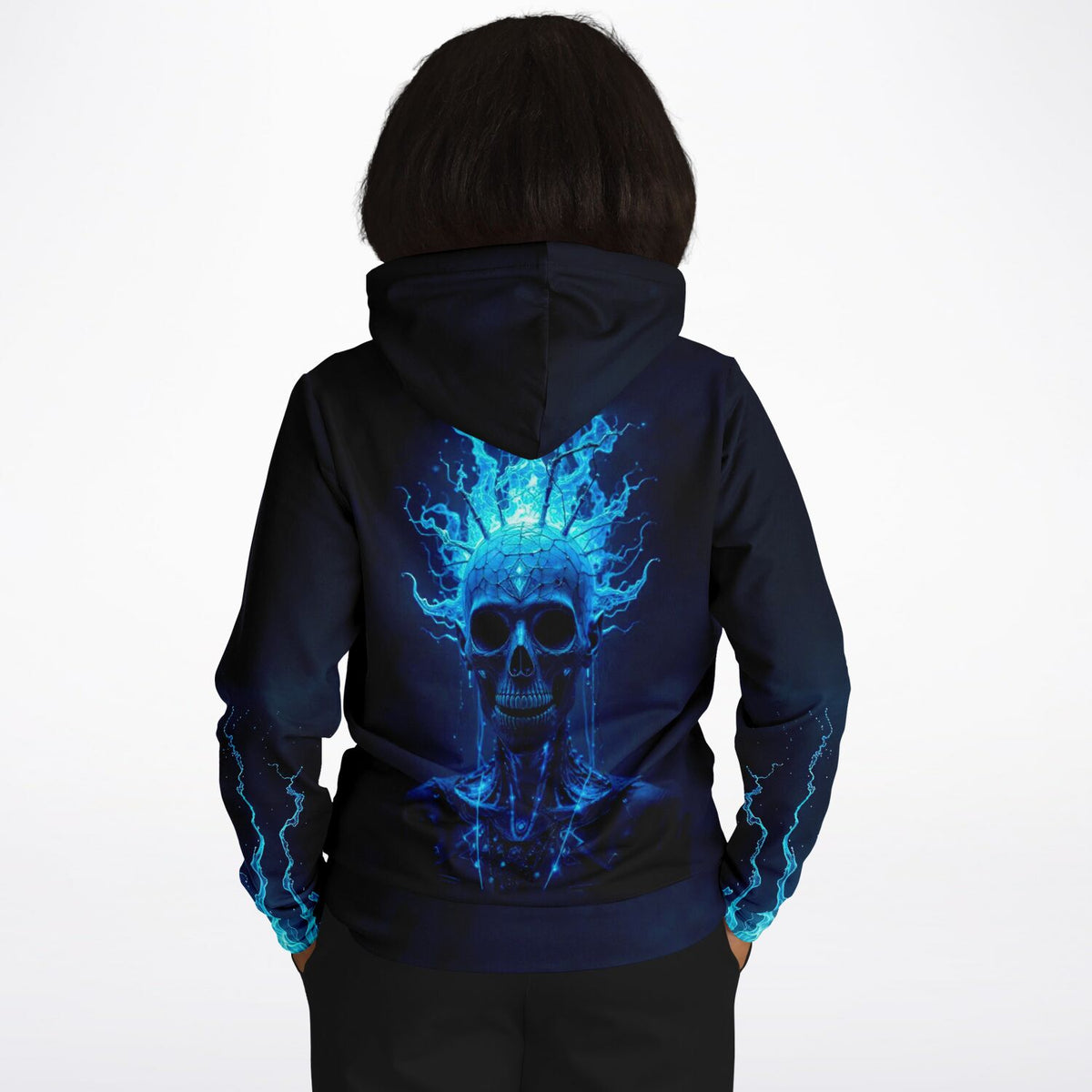 Schwarzer Dreamer Hoodie mit leuchtendem blauen Totenkopf-Motiv, inspiriert von Diamond Painting und Malen nach Zahlen