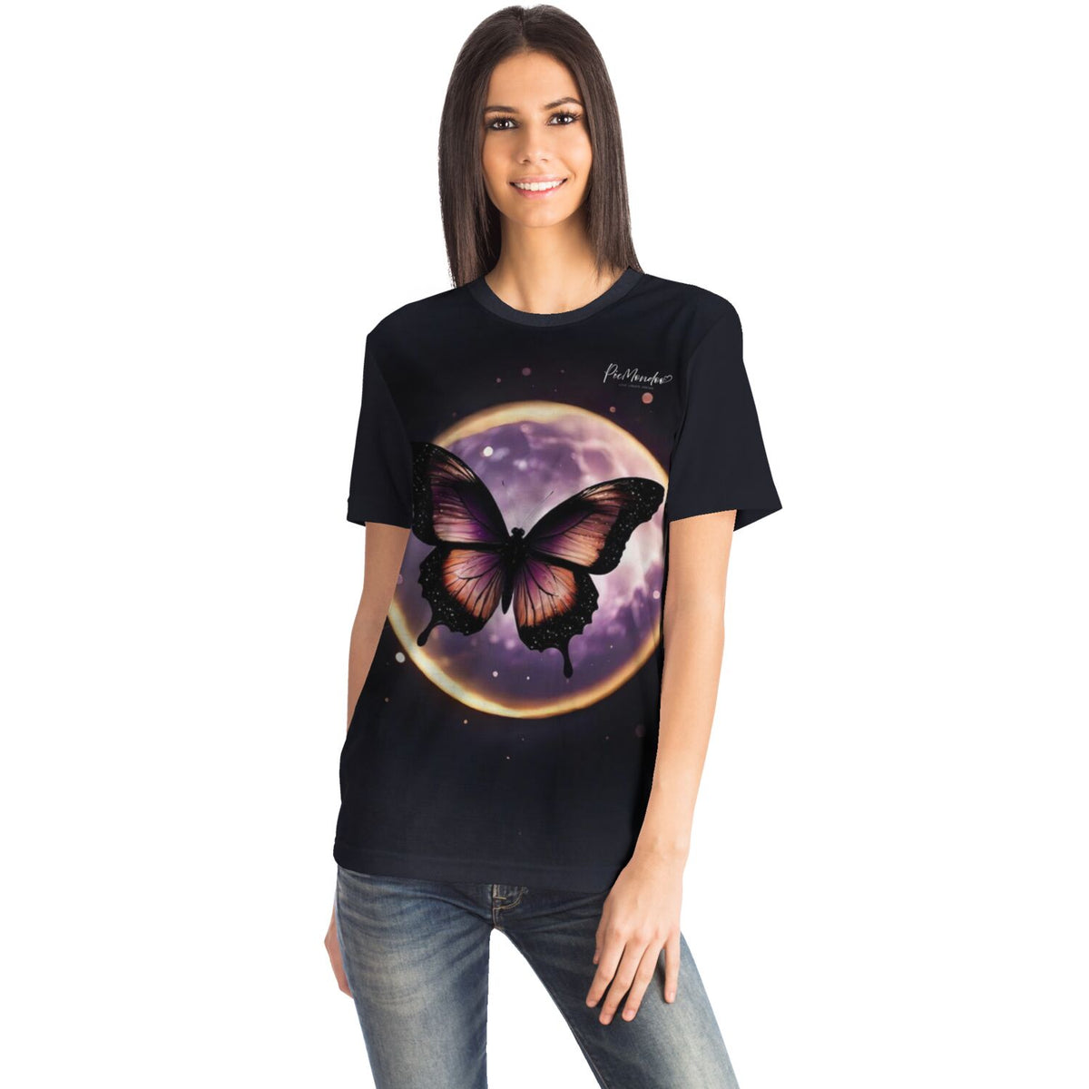 Schwarzes T-Shirt für Damen mit lila Schmetterling und Mond-Motiv im Stil von Diamond Painting Kunstwerken