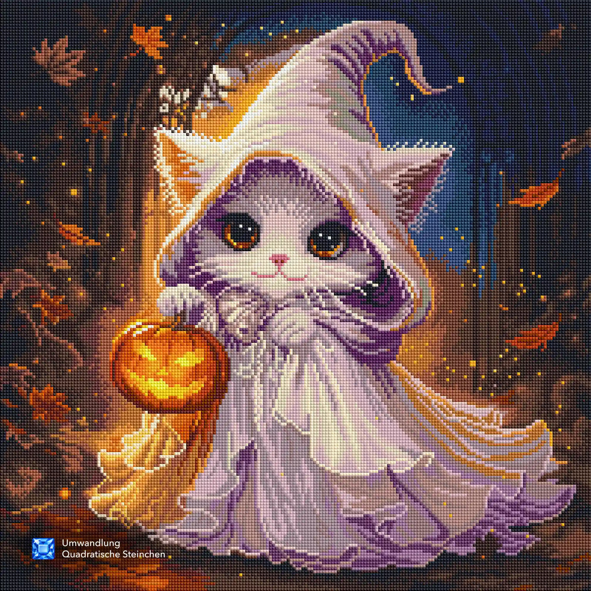 Diamond Painting Halloween-Katze im weißen Umhang mit leuchtendem Kürbis im Herbstwald