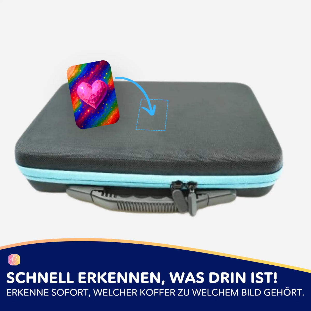 Buntes Herzkristall-Motiv als Sticker zur Organisation von Diamond Painting Zubehörkoffern für mehr Ordnung im Hobby.