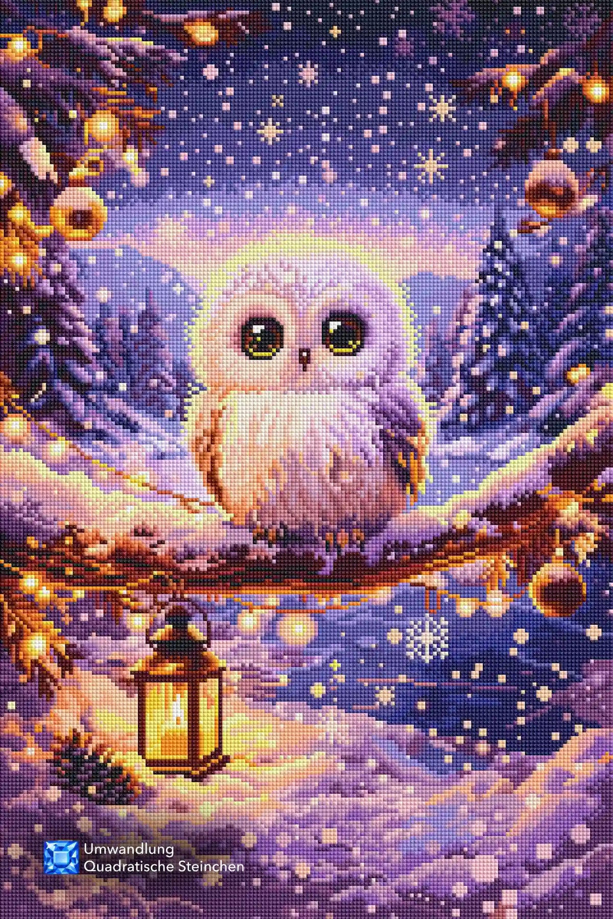 Diamond Painting Eule auf verschneitem Ast mit leuchtender Laterne in winterlicher Schneelandschaft