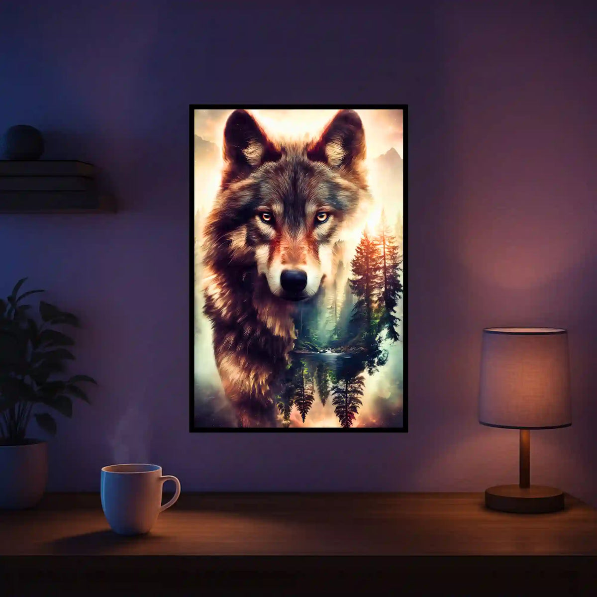Diamond Painting Set Geist des Waldes: Mystisches Wolfsportrait mit nebligem Tannenwald im 40x60cm Design