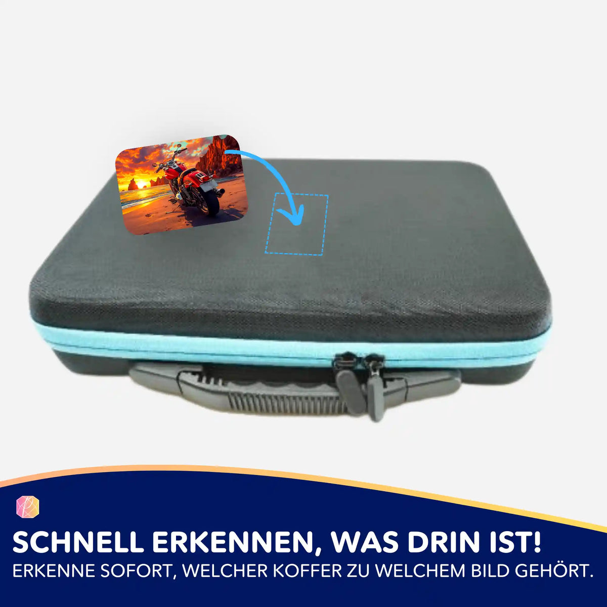 Picmondoo Aufkleber-Set zur Organisation von Diamond Painting Koffern mit Motorrad-Motiv für mehr Überblick.