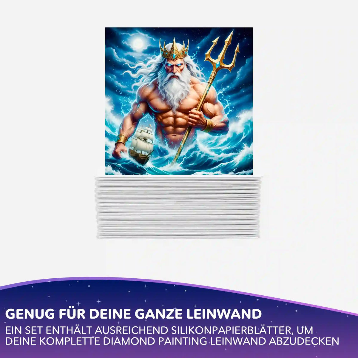 Poseidon mit Dreizack und Krone vor Sturmwellen als Diamond Painting Motiv, darunter Silikonpapier-Set