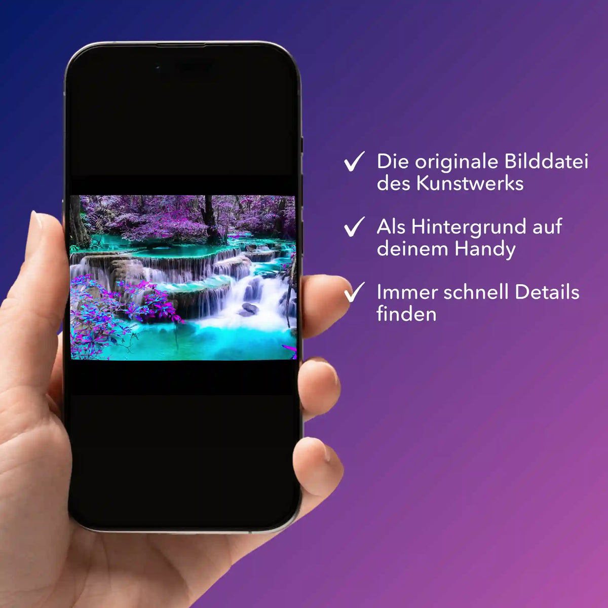 Digitale Bildmappe für Diamond Painting Motiv Wasserfall auf einem Smartphone als Vorlage zur Detailansicht