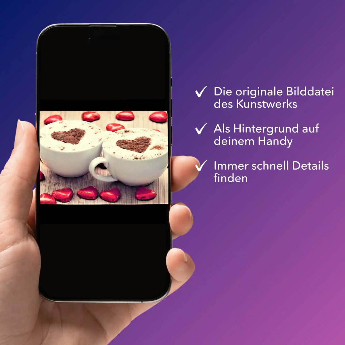 Digitale Bildmappe für Diamond Painting Kaffeeliebe mit Herz-Motiv auf dem Smartphone