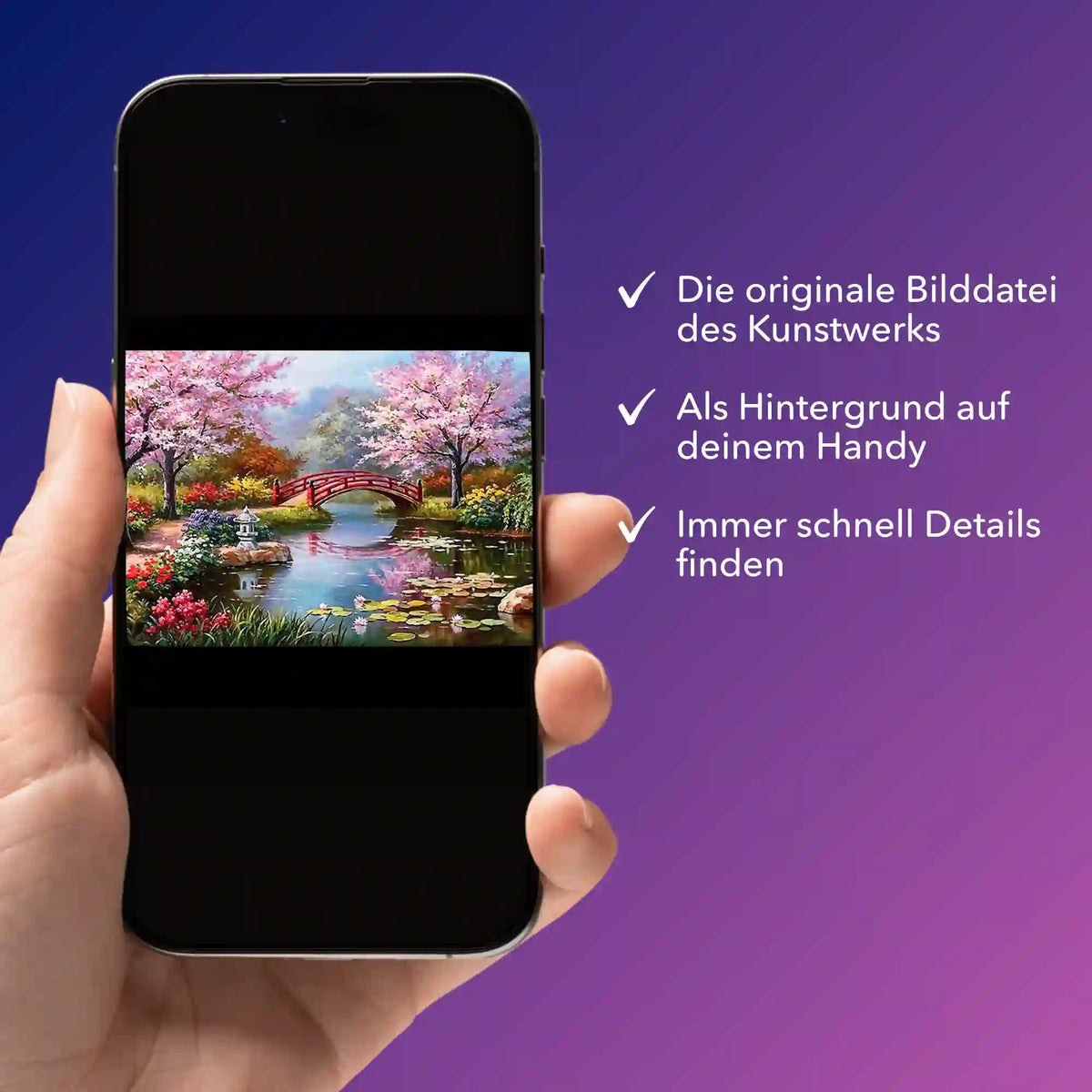 Digitale Bildmappe für Diamond Painting Motiv Chinesischer Garten als praktische Datei auf dem Smartphone angezeigt.