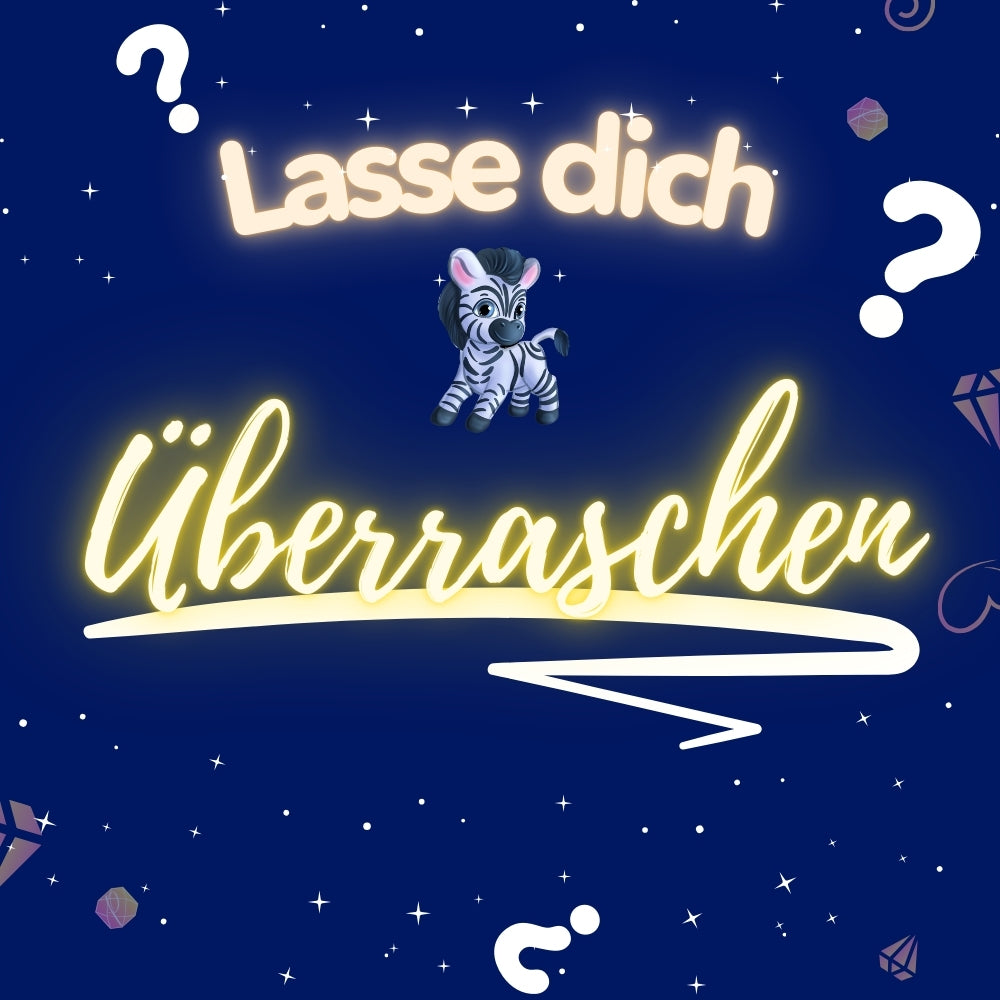 Diamond Painting Mystery Box Safari mit Zebra Motiv und funkelnden Diamanten auf nachtblauem Hintergrund