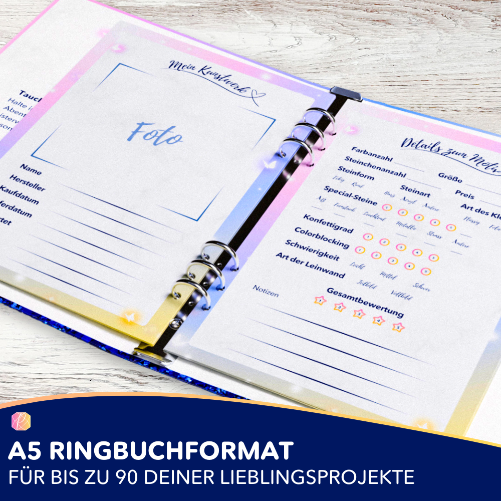 Diamond Painting Tagebuch als A5 Ringbuch zur Dokumentation der Farb- und Motivdetails für deine Bastelprojekte.