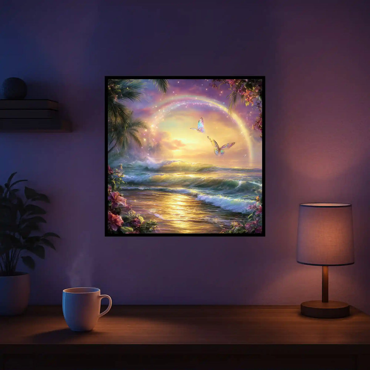 Diamond Painting Zwischen Himmel und Meer mit Regenbogen, Palmen und Schmetterlingen am sonnigen Ozean.