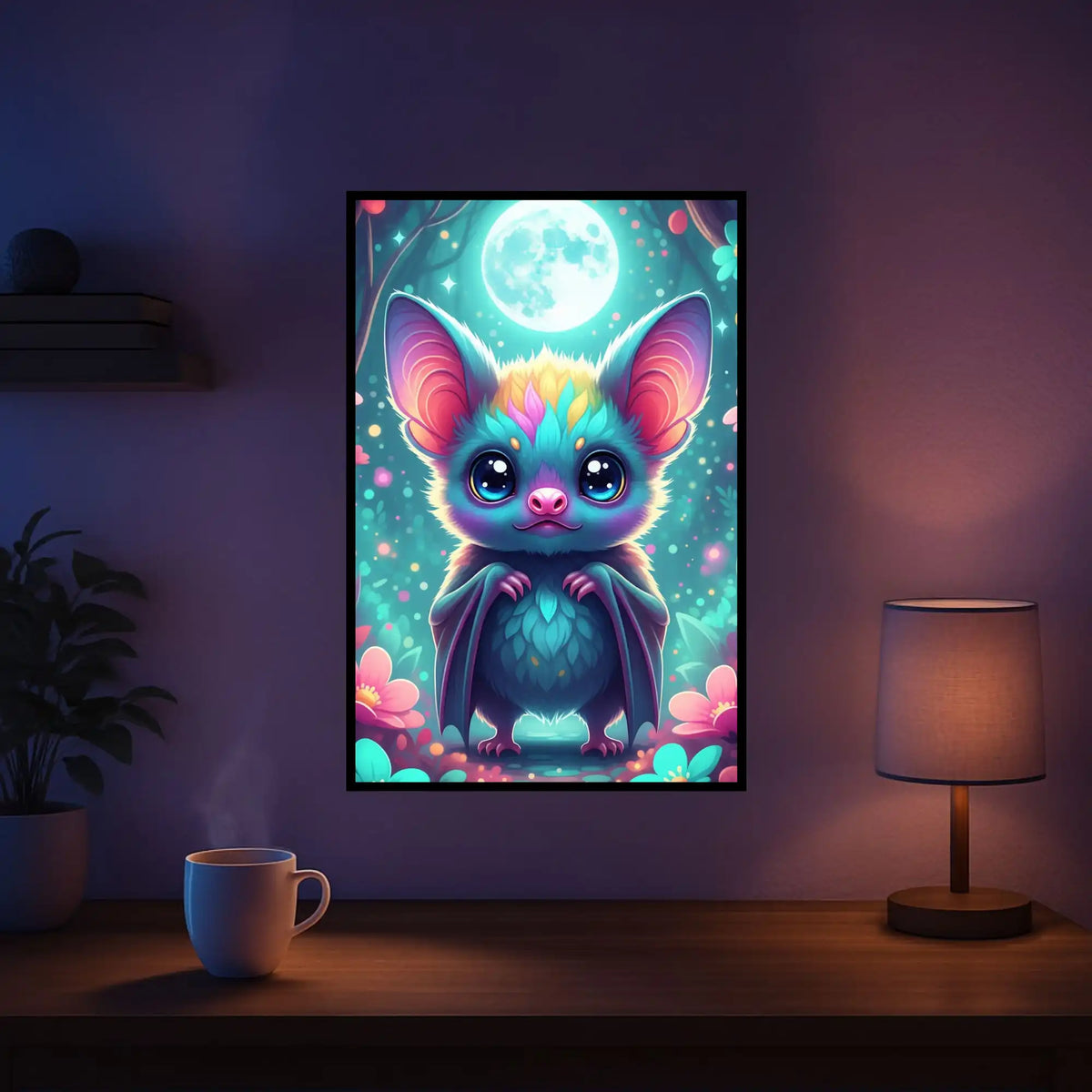 Diamond Painting Set Freddy Fledermaus mit buntem Fantasy-Tier, leuchtendem Vollmond und Blumen in einem magischen Wald.