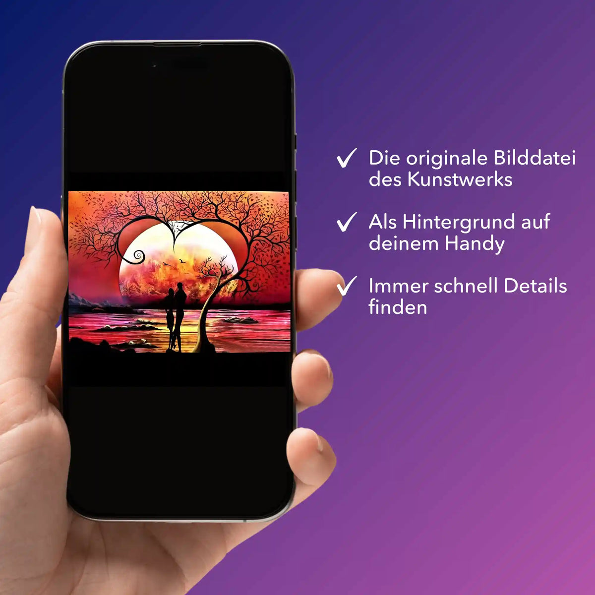 Digitale Bildmappe für Diamond Painting Motiv Baum der Liebe als PDF auf dem Smartphone für kreative Kunstwerke.