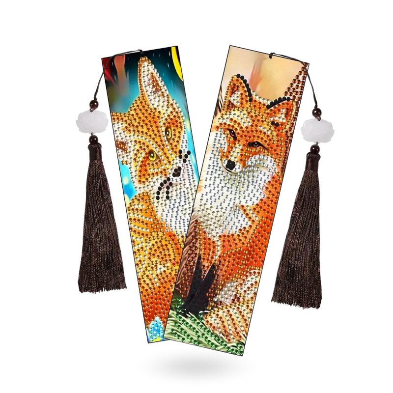 2er Set Diamond Painting Lesezeichen mit Fuchs-Motiv und braunen Quasten für Leseratten.