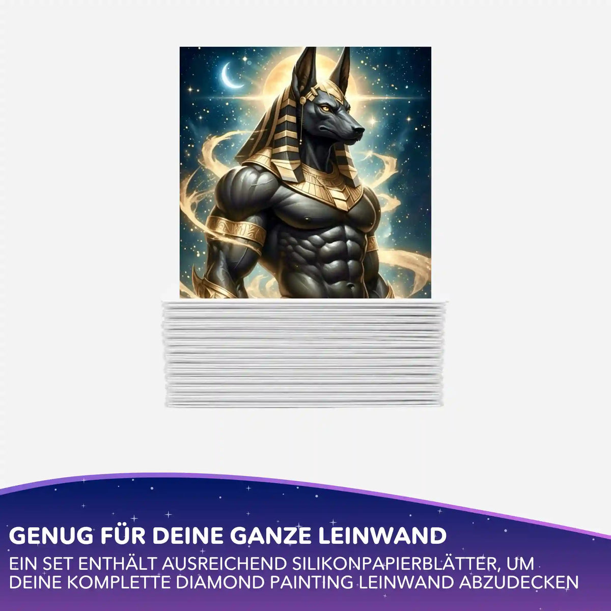 Stapel Silikonpapier für Diamond Painting mit Anubis-Motiv in Schwarz und Gold vor Sternenhimmel, 10x10 cm