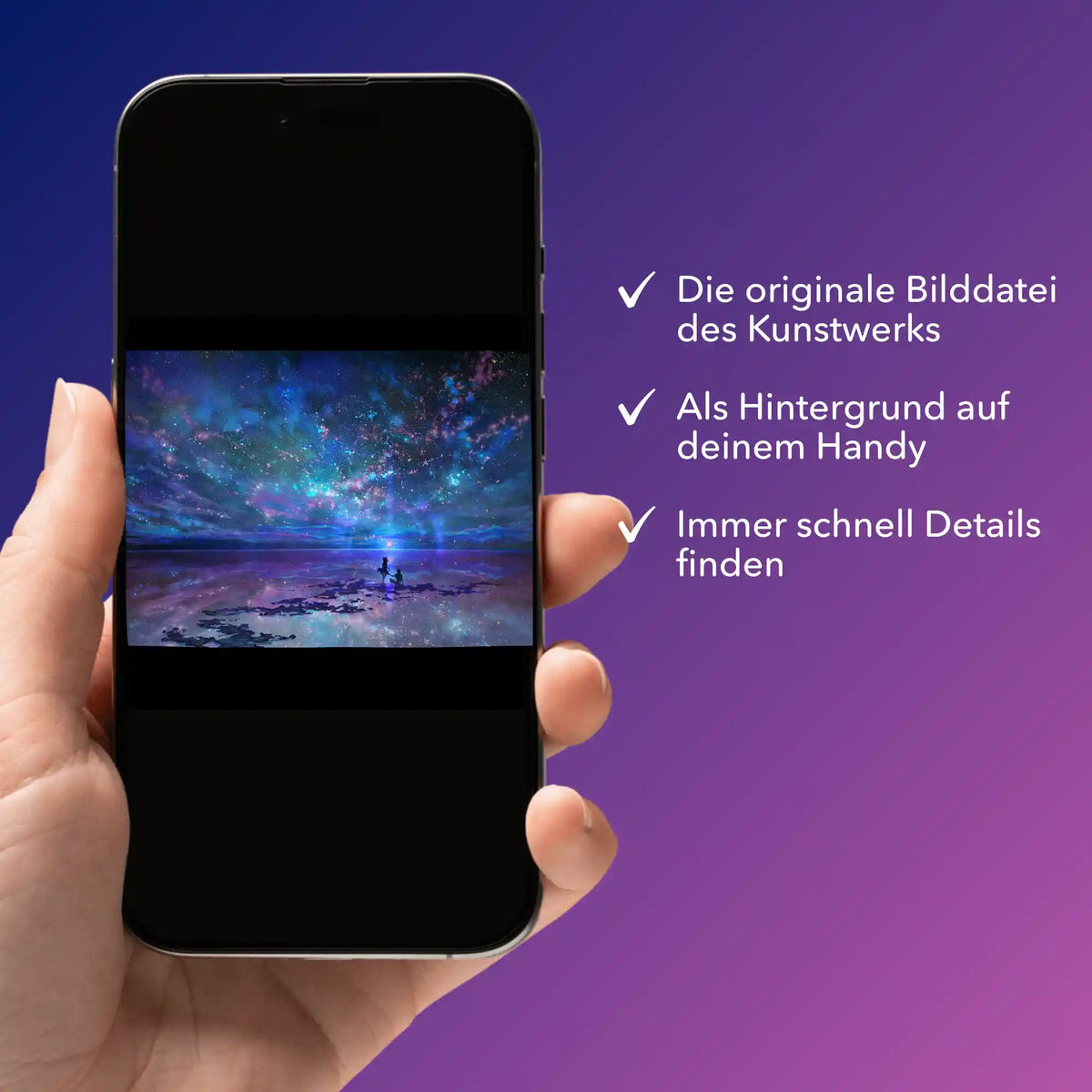 Smartphone mit digitaler Bildmappe vom Diamond Painting Ozean und Universum Motiv für kreative DIY-Projekte
