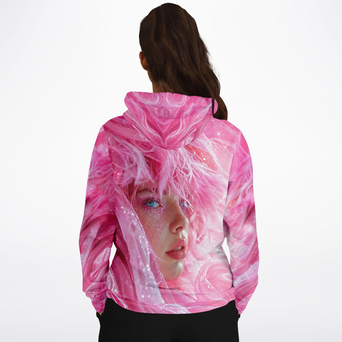 Pink Dreamer Hoodie mit abstraktem, künstlerischem Frauenporträt und glitzernden Details im AOP-Design