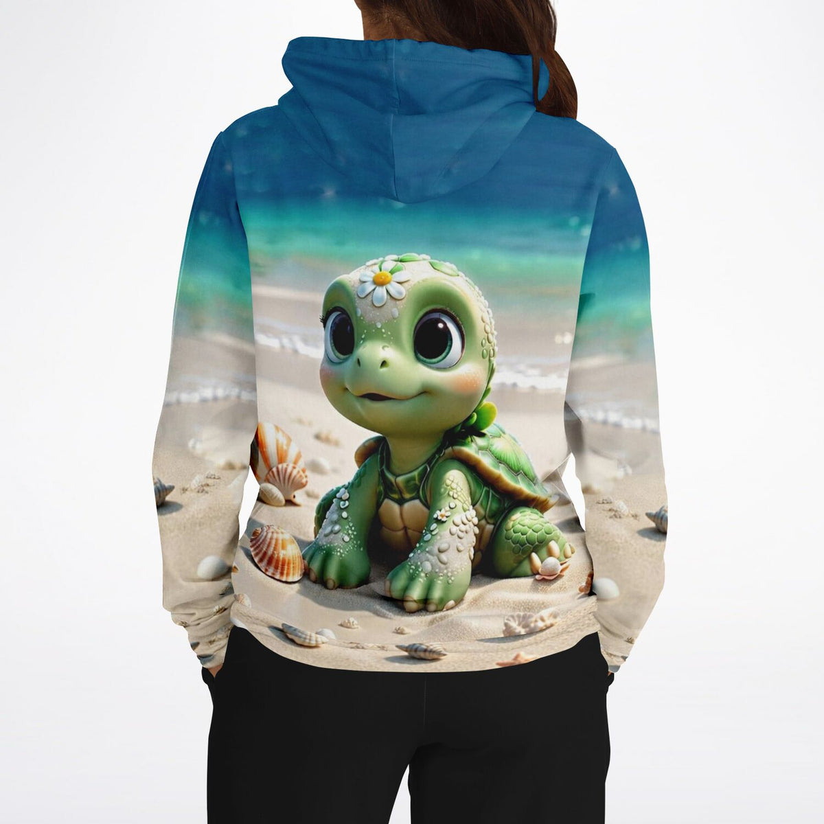 Dreamer Hoodie mit niedlichem schlafenden Schildkröten-Motiv am Strand, perfekt für Diamond Painting und Bastelfans.