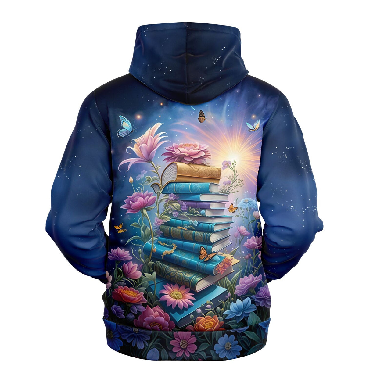 Dunkelblauer Dreamer Hoodie mit magischem Motiv: Stapel aus Büchern, Blumen und Schmetterlingen im Stil von Diamond Painting